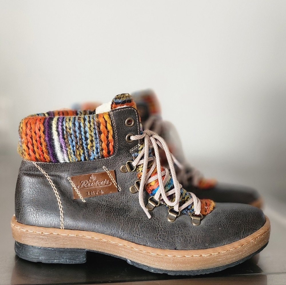 Rieker Women's Gray Leather Hiking Boot with Multicolor Knit Collar